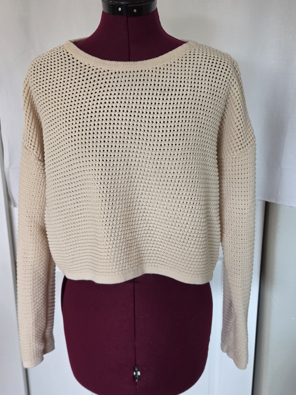 Billabong Cream Open-Weave Crewneck Sweater Size L Fall Coastal Beach Minimalism